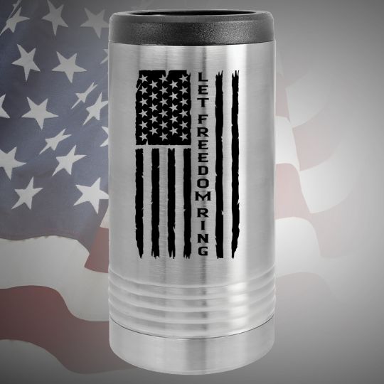  Image of the Let Freedom Ring Skinny Metal Beverage Holder available in white or silver options, featuring the patriotic slogan, perfect for keeping drinks cool and displaying patriotism at barbecues or picnics.