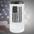  Image of the Let Freedom Ring Skinny Metal Beverage Holder available in white or silver options, featuring the patriotic slogan, perfect for keeping drinks cool and displaying patriotism at barbecues or picnics.