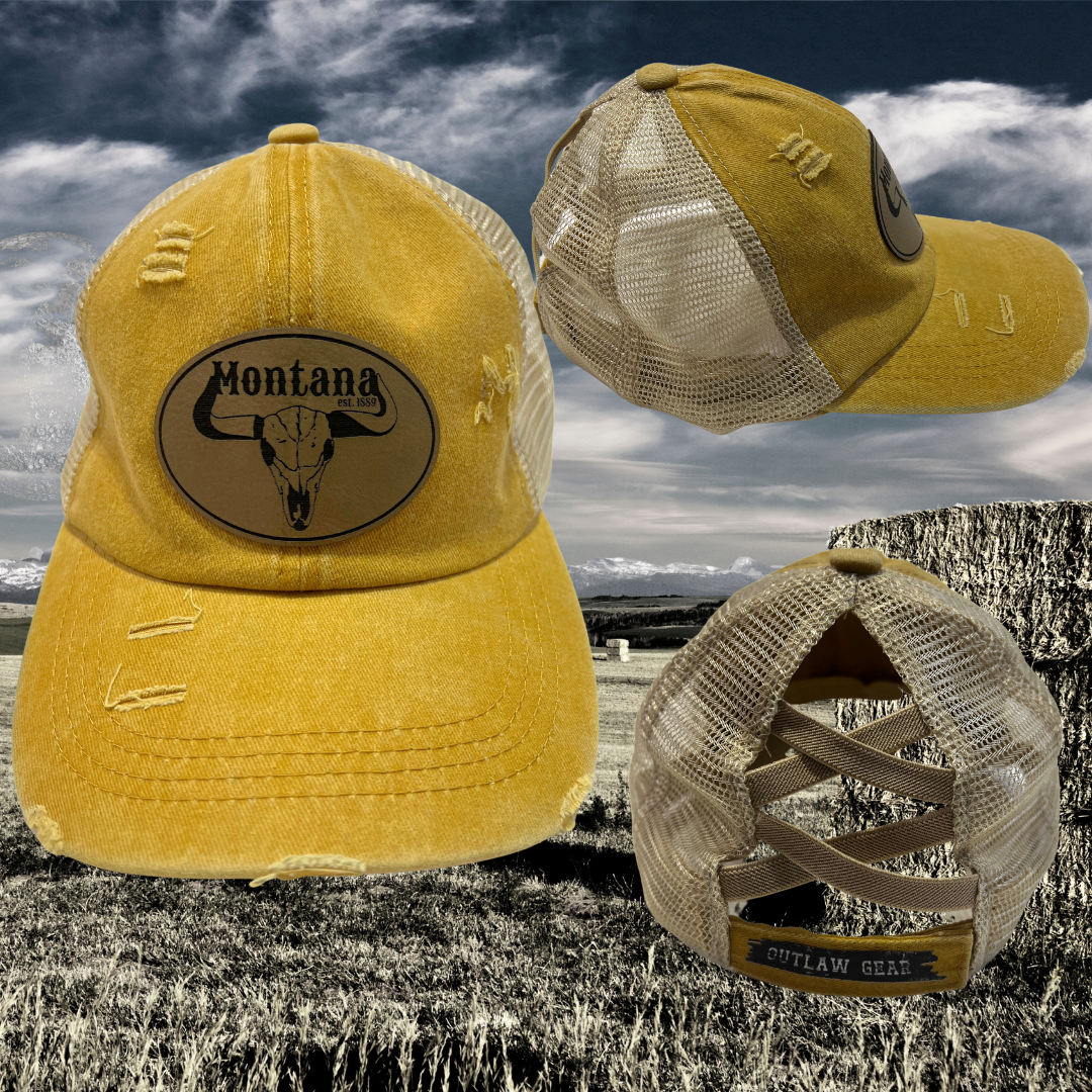Montana Steer Distressed Mustard Ponytail Criss-Cross Hat
