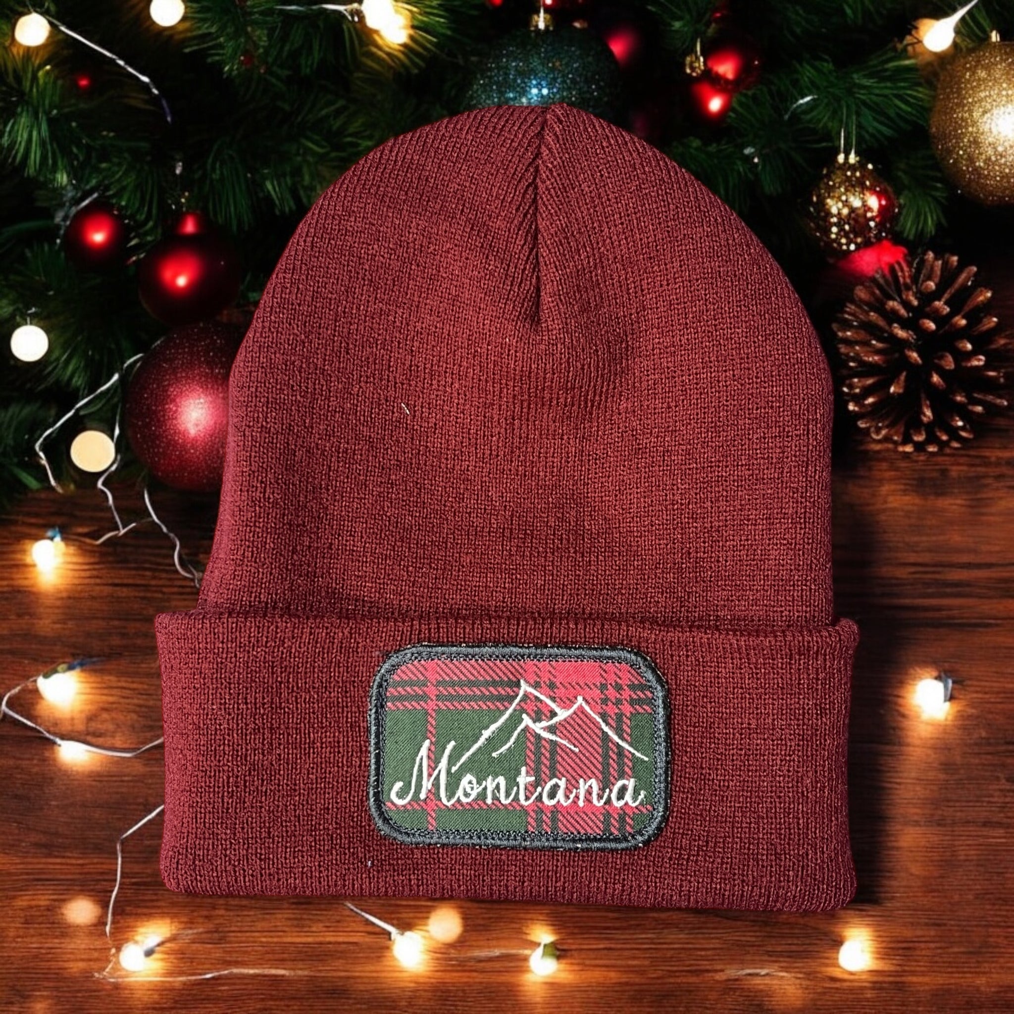 Montana Mountain Plaid Beanie - Maroon