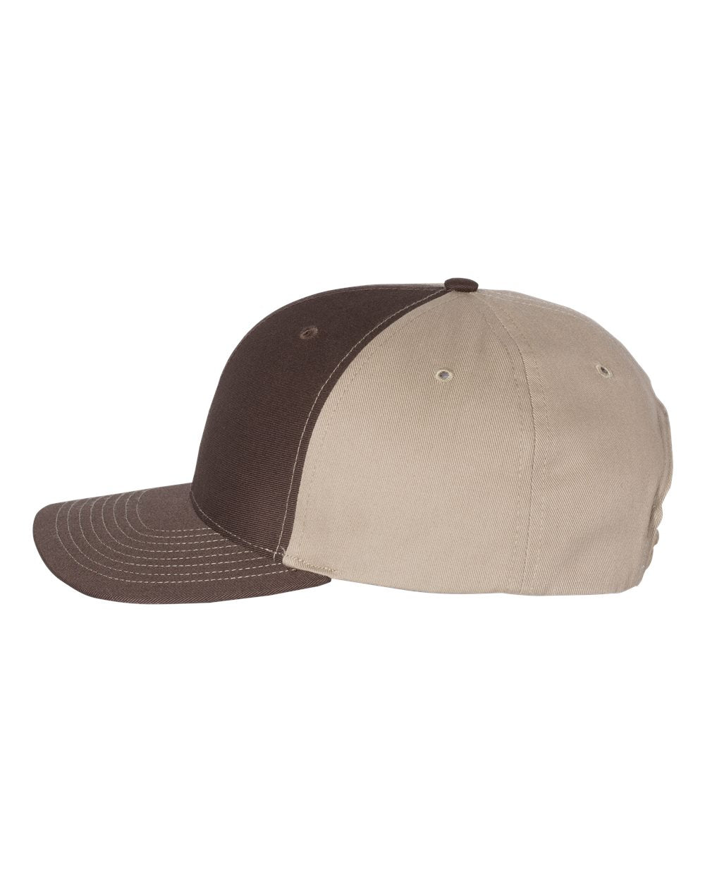 A Richardson twill back trucker cap with a brown front panel and khaki twill back.