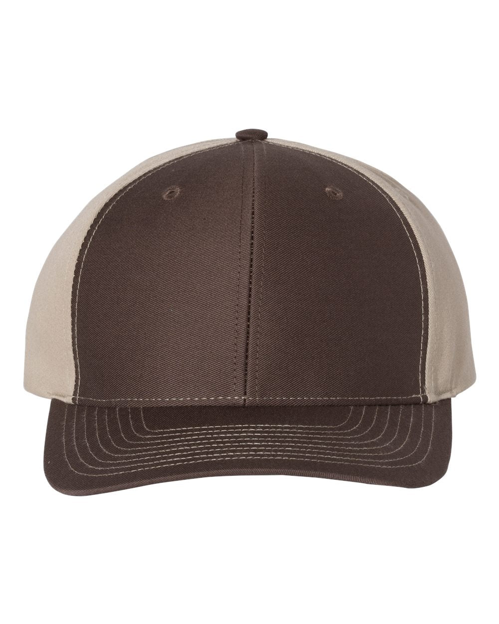A Richardson twill back trucker cap with a brown front panel and khaki twill back.