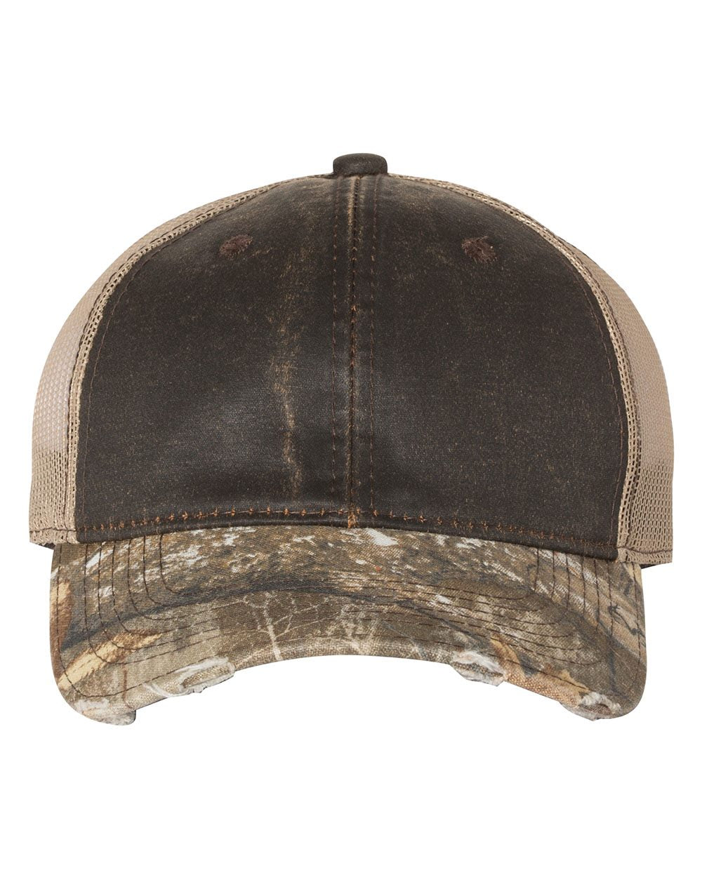  Image of the Distressed Camo Mesh-Back Cap in Tan/Camo/Brown, featuring a classic camo print and mesh back, perfect for adding rugged outdoor style to any ensemble.