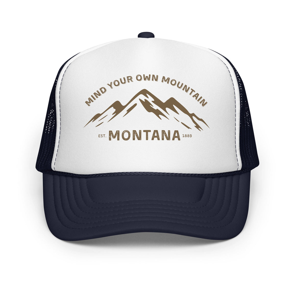 Outlaw Gear Mind Your Own Mountain foam trucker hat with white front panel, navy mesh back, and mountain graphic.