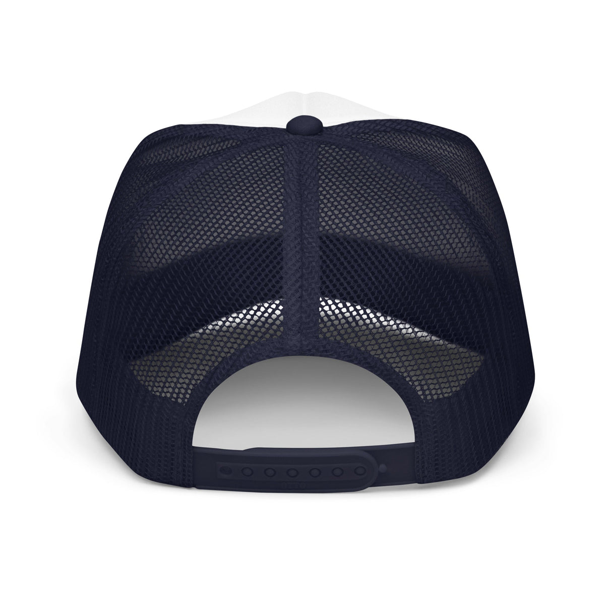 Outlaw Gear foam trucker hat in navy blue with a breathable mesh back and adjustable plastic snap closure, rear view.