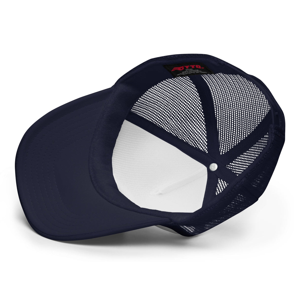 Outlaw Gear navy blue foam trucker hat with breathable mesh back and pre-curved visor, interior view
