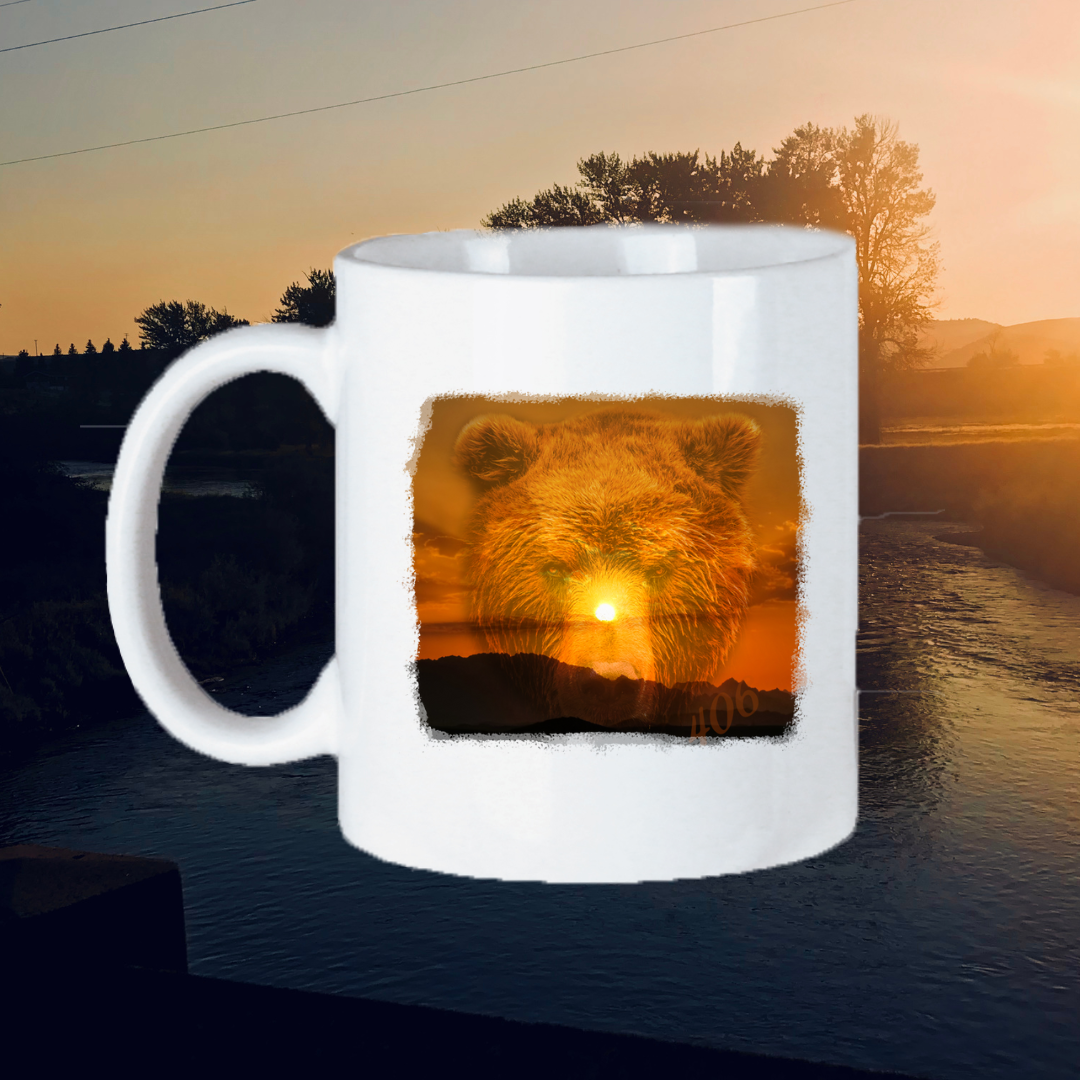  Image of the 11oz Bear Sunset Mug, featuring a tranquil silhouette of a bear against a stunning sunset backdrop, perfect for nature lovers to enjoy their evening drink.