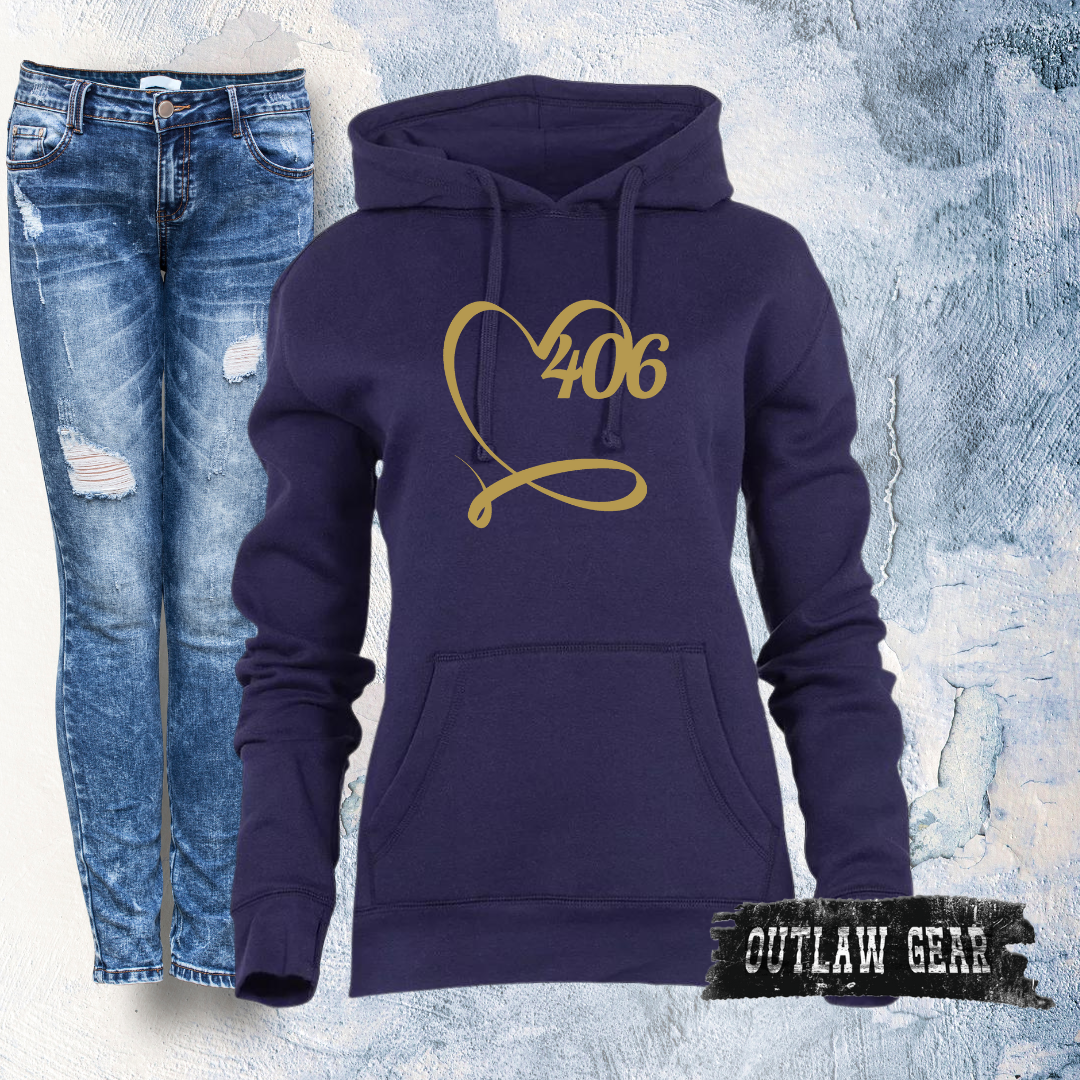 Image of the 406 Love Spirit Hoodie in Navy/Gold, featuring the iconic '406 Love' design, ideal for expressing Montana pride with a stylish and elegant hoodie.