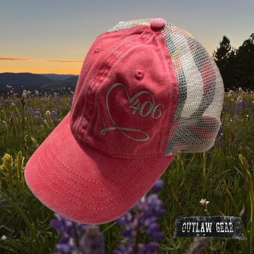  Image of the 406 Love Embroidered Dusty Sherbet/Stripes Ponytail Hat, showcasing the iconic '406 Love' embroidery on a dusty sherbet hat with stylish stripes, perfect for adding a touch of Montana flair to your outfit.