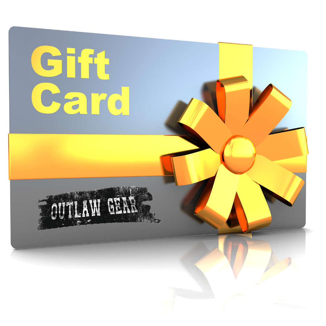 A gift card with the text "Outlaw Gear Gift Card: Unleash Fashion Freedom!" perfect for giving the gift of fashion, featuring a shopping bag emoji and cowboy hat emoji.