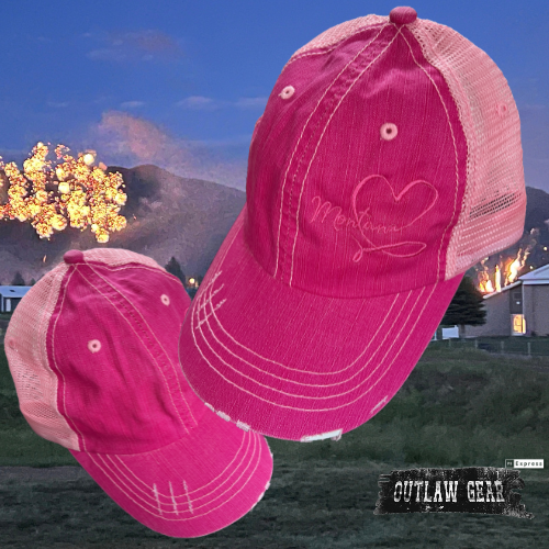 A fuchsia and pink distressed trucker cap embroidered with "Montana Love," perfect for showcasing your admiration for the state in vibrant style.  Tags: