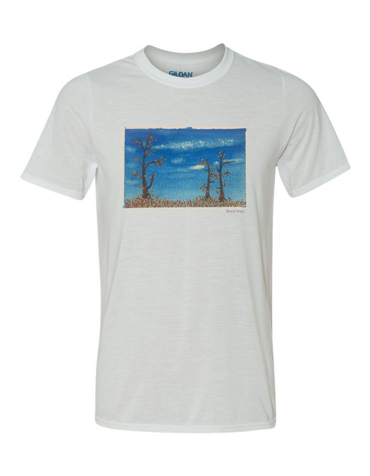 A T-shirt adorned with a picturesque Oaks in Autumn design, capturing the essence of fall.