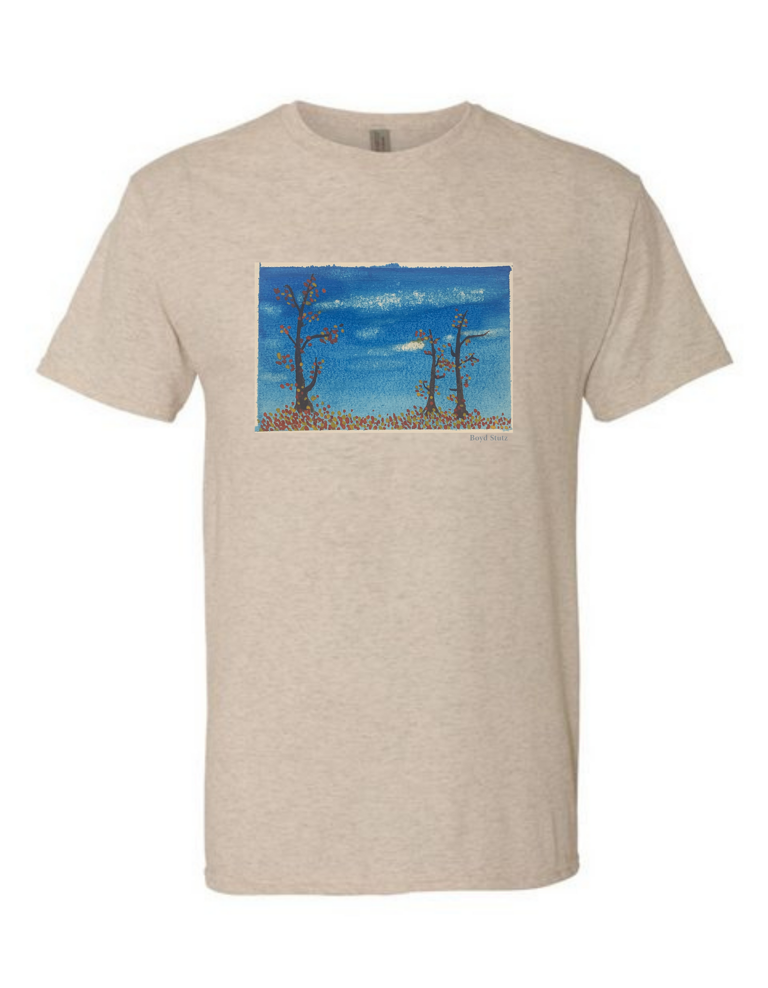 A T-shirt adorned with a picturesque Oaks in Autumn design, capturing the essence of fall.