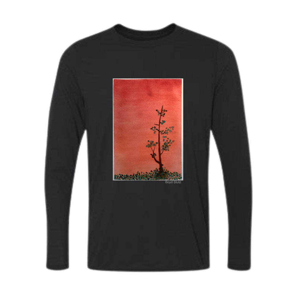 A long sleeve t-shirt with an Orange Sunset Spruce design, capturing the beauty of a sunset.