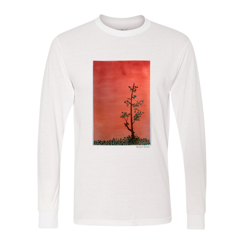 A long sleeve t-shirt with an Orange Sunset Spruce design, capturing the beauty of a sunset.